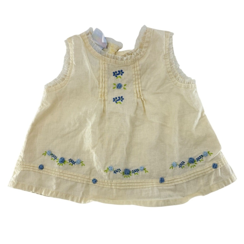 Miniwear Baby Girls Yellow Linen Blend‎ Embroidered Floral Sleeveless Top 6-9M